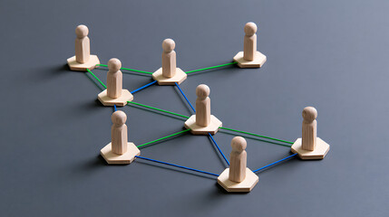 Obraz premium Wooden figures connected by colored elastic bands on a gray surface, representing teamwork, communication, and business network structure