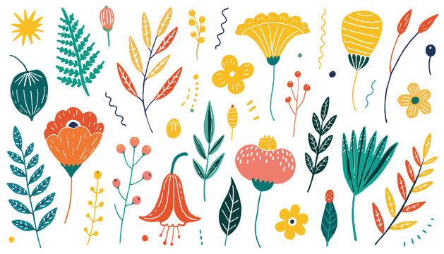 Vibrant Hand-Drawn Flat Vector Collection of Colorful Botanical Elements, Floral Leaves and Whimsical Flowers for Design
