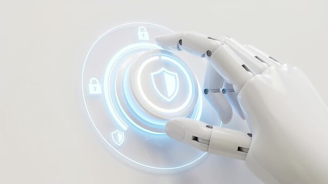 Robotic hand pressing glowing shield icon symbolizing ai cybersecurity risk management in cloud computing automation technology protecting digital data with advanced control and secure access