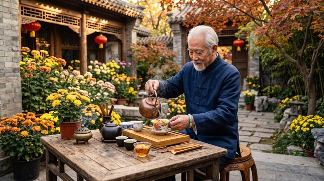 Senior Chinese man pouring hot tea from a copper kettle into a cup in a traditional courtyard surrounded by blooming chrysanthemums