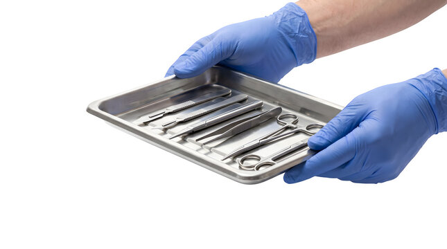 Surgical instruments on metal tray held by gloved hands, medical steel tools for surgery, professional healthcare equipment isolated on Transparent Background