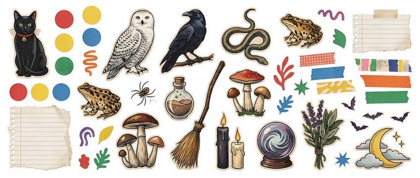 Collection of magical elements and mystical creatures for witchcraft and Halloween designs.