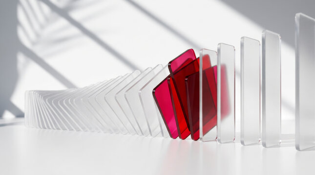 Abstract domino effect with glass blocks, red acrylic plates falling in a row, minimalist business concept of chain reaction and risk management