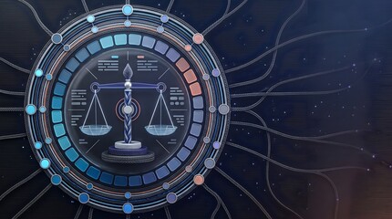 Fototapeta premium Complex Legal Framework Infrastructure Concept with Mechanical Scale of Justice and Network Cables