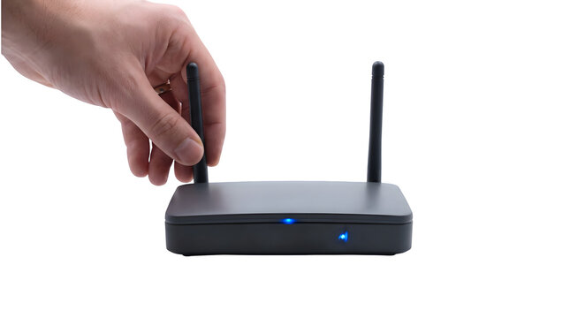 Wireless wifi router with dual antennas, hand adjusting black network modem, internet connection hardware for home office isolated on Transparent Background