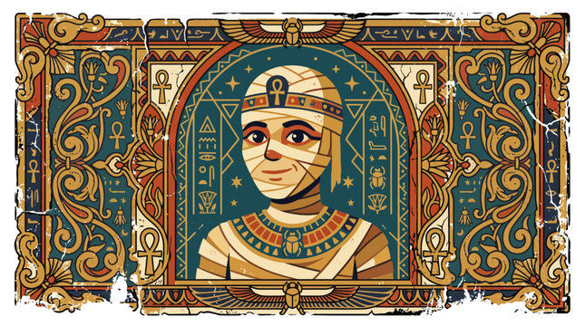 Egyptian pharaoh mummy portrait in ornate decorative frame