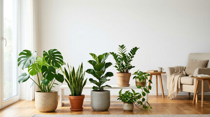 Fototapeta premium Indoor Plants Decoration: Variety of Lush Green Houseplants in Natural Light