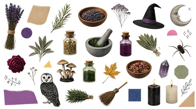 Collection of various witchcraft and magic items on a white background.