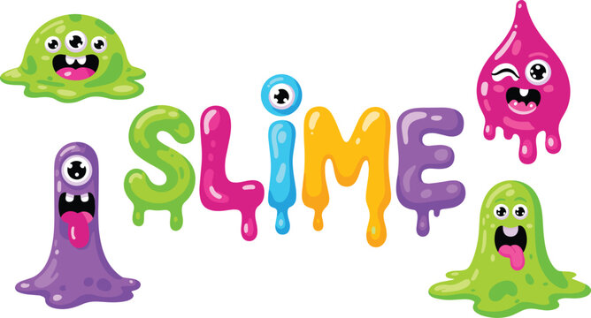 Cute Cartoon Slime Monster Character Vector Set with Colorful Dripping Alphabet Font Text and Funny Alien Splat Expressions for Kids Graphic Designs