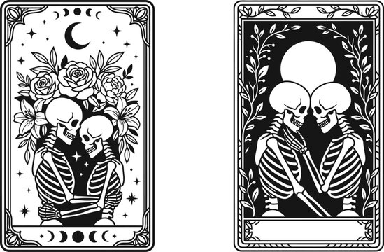 Skeleton lovers tarot card vector illustration featuring two detailed black and white artistic designs of romantic skeletons embracing in a mystical style