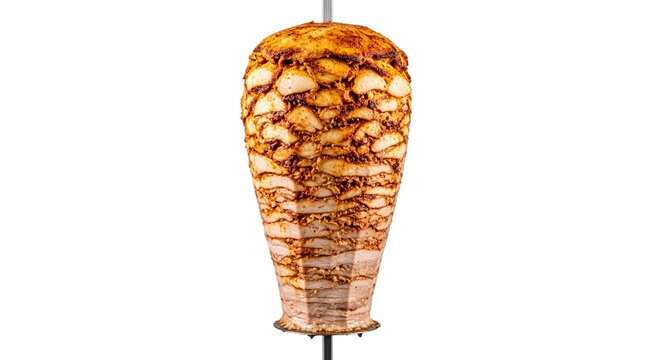 Shawarma meat rotates on a vertical metal spit while cooking in a professional kitchen environment.