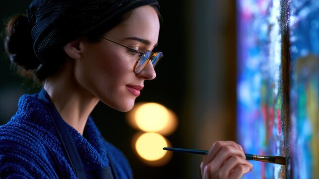 Woman in blue sweater and glasses focused on creating art with brush on vibrant canvas in dim light
