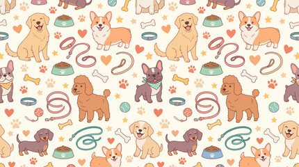 Fototapeta premium Cute Seamless Pattern with Different Dog Breeds and Pet Accessories