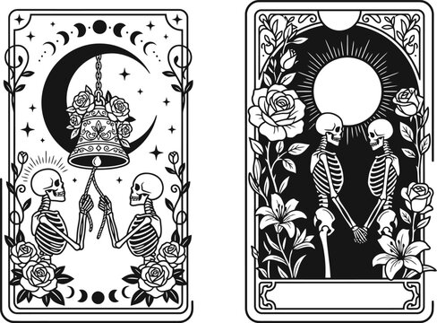 Skeleton lovers tarot card vector illustration featuring intricate gothic designs with moon phases and floral elements for mystical occult themed graphic projects