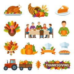 Fototapeta premium thanksgiving holiday celebration seasonal icons set depicting autumn harvest family dinner and traditional food for festive designs