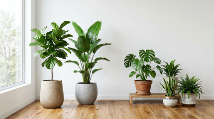 Fototapeta premium Indoor houseplants collection in modern minimalist room, natural light