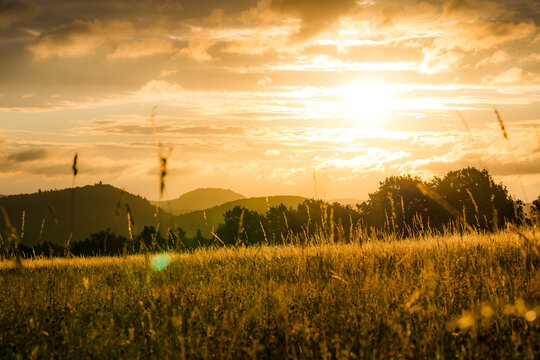 Wide Backlit View of Hilly Landscape at Sunset