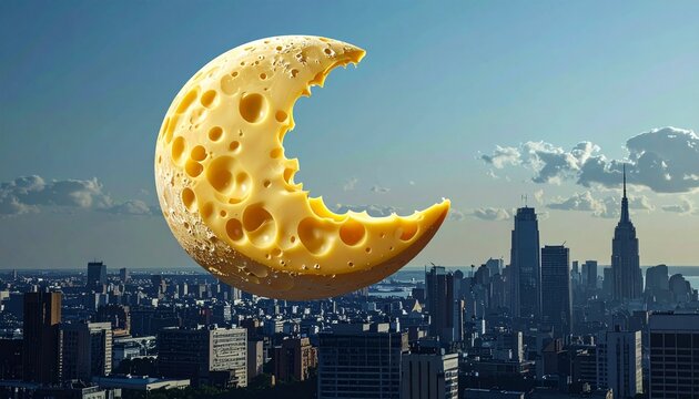 Cheese moon over city skyline - A whimsical urban dreamscape.