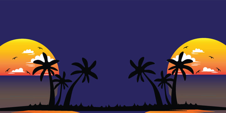 Tropical Island Sunset with Palm Trees Silhouette and Ocean Reflection Vector Illustration