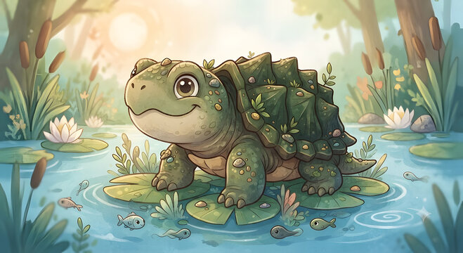Cute cartoon alligator snapping turtle in a sunny wetland with water lilies and little fish, children's book illustration style