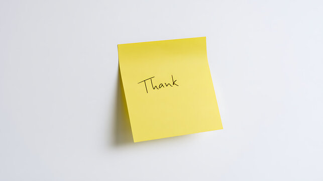 Bright Yellow Adhesive Note with Handwritten 'Thank You' Message on Clean White Background, Expressing Gratitude and Appreciation