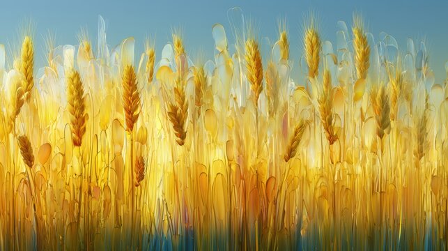 Rows of glass wheat reflect light in a golden field, highlighting the harvest activity in full swing. The sun casts a warm glow across the scene.