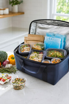 Insulated meal delivery bag with prepared healthy food