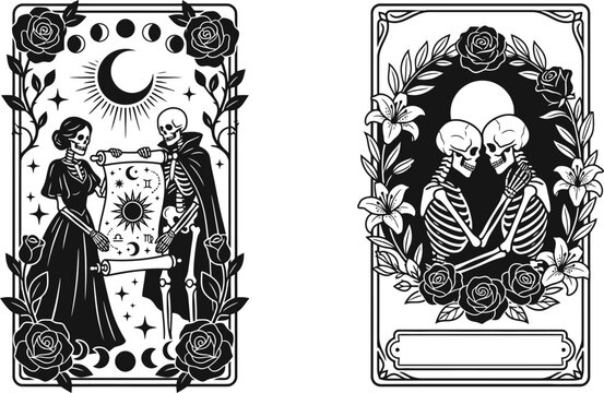 Skeleton lovers tarot card vector illustration featuring mystical occult designs with floral frames and celestial elements for gothic style graphic art projects