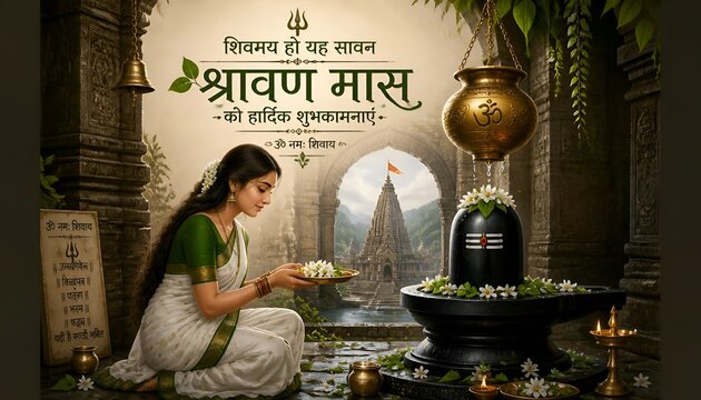 Hindu woman praying and offering flowers to shiva linga during holy shravan month