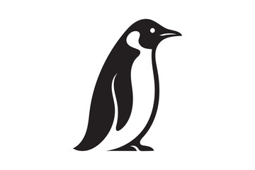 Fototapeta premium A clean, vector-style black and white silhouette icon of a penguin standing in profile against a plain white background.