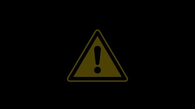 Animated Blinking yellow neon exclamation mark warning triangle on a black background. Seamless loop animation for alert, error, and hazard caution concepts.