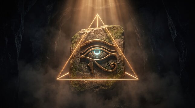 Mystical Eye of Horus on Stone with Glowing Neon Triangle in Cave