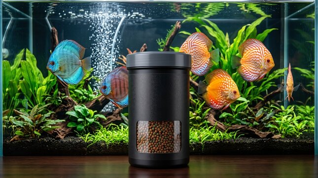 Black fish food container with a clear window in front of an aquarium filled with colorful Discus fish