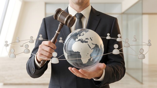 Global Jurisdiction Concept with Businessman Holding Gavel and Connected World Globe Network
