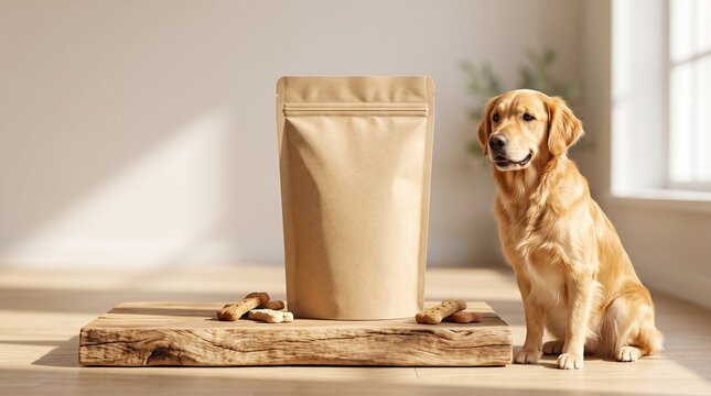 Golden Retriever sitting beside a blank craft paper pouch mockup on a wooden block with dog treats