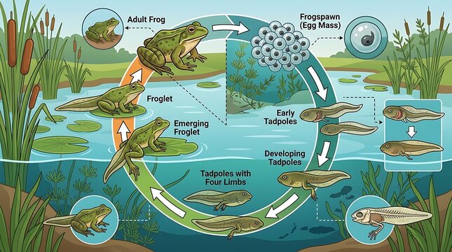 Detailed diagram of the frog life cycle in a natural pond habitat