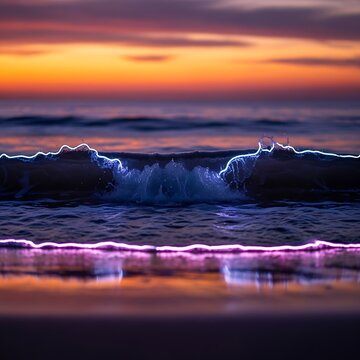 Dramatic sunset waves crashing on rocky coastline.