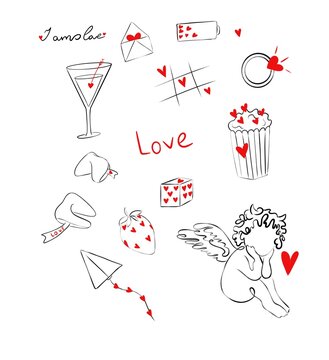 Minimalist Valentine Day line art illustration set with hearts angel cocktail and fortune cookie