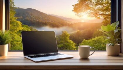 Fototapeta premium modern workspace with laptop and coffee mug near window overlooking nature