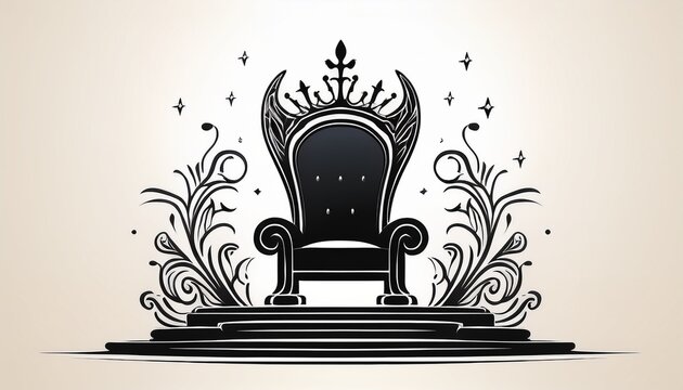 a stylized black silhouette of a regal throne with a crown sits above the text throne of meetings isolated on white background