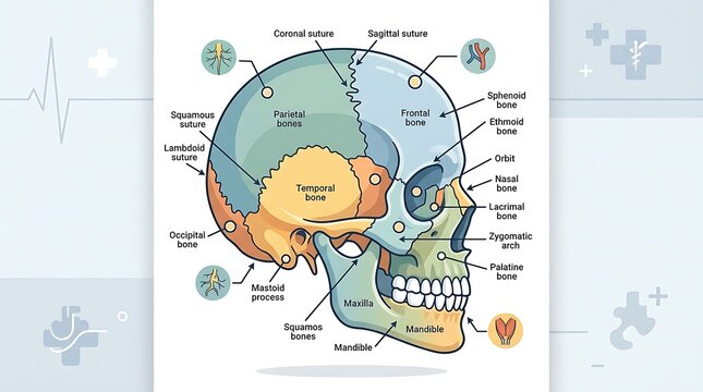 Anatomical diagram of the human skull with color coded bone labels