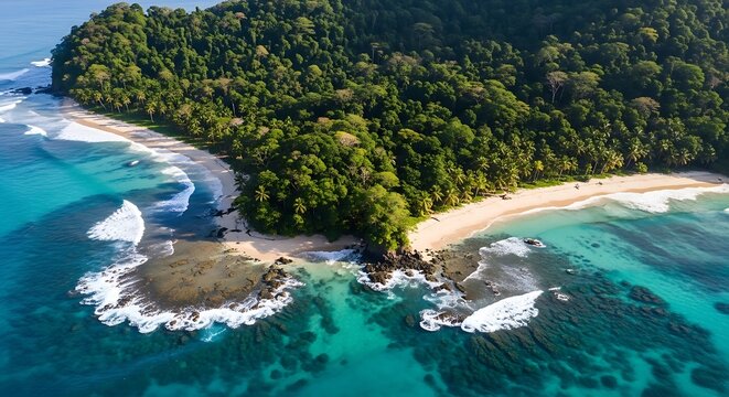 Aerial view of tropical island coastline with turquoise water.