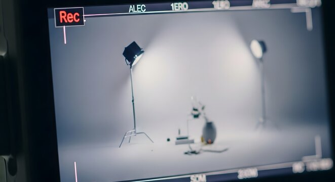 A digital camera screen displays a live recording of a professional photo studio with lights and a white cyclorama background.