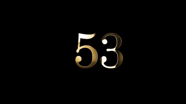 Number 53 in gold style with gold particles and transparent background, fifty three