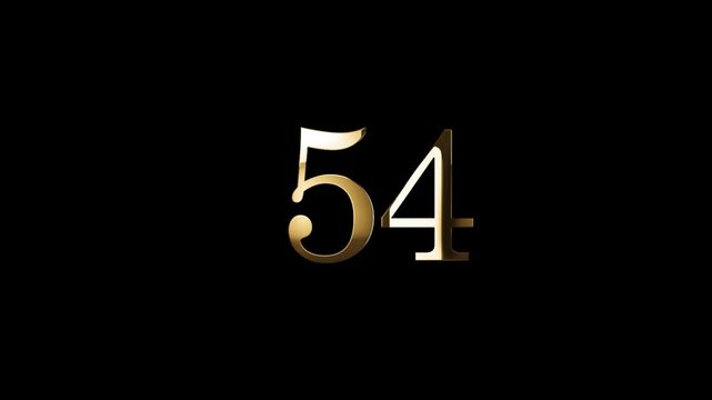 Number 54 in gold style with gold particles and transparent background, fifty four