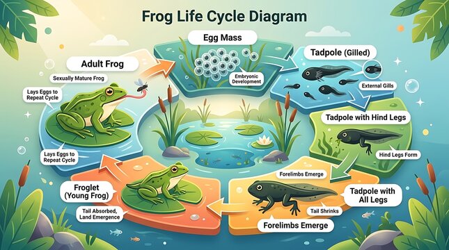 Frog life cycle diagram showing biological stages of metamorphosis
