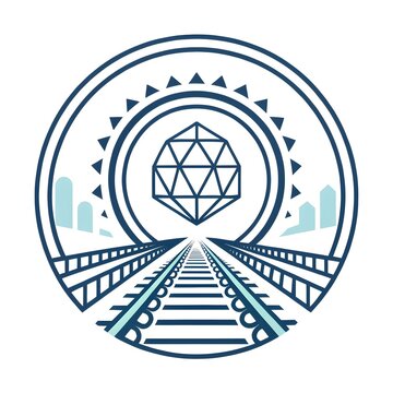 Stylized geometric emblem featuring a perspective view of railway tracks leading towards a icosahedron shape, geometric
