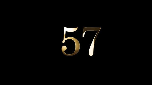 Number 57 in gold style with gold particles and transparent background, fifty seven