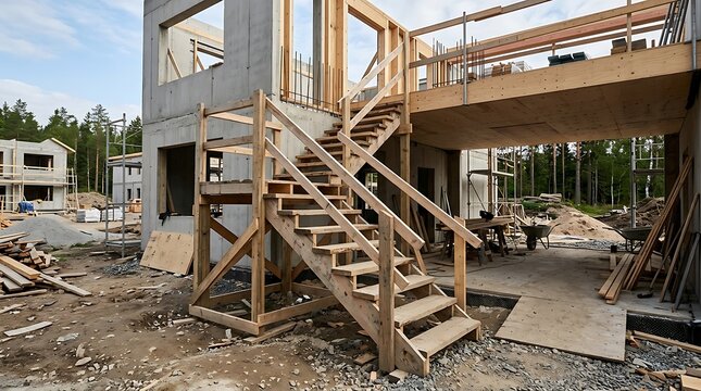 Modern house under construction with temporary wooden stairs