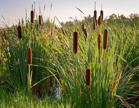 various cattail plants showcasing their tall brown flower heads among lush green grass under natural daylight